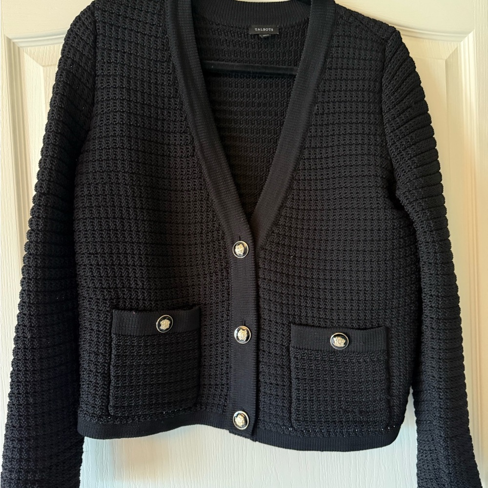 Talbots Black Textured Knit Cardigan with Decorative Buttons
